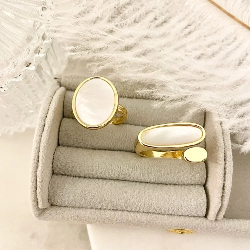 925 Sterling Silver Mother of Pearl Gold Statement Ring Chunky Bold Ring - Picture 4 of 6